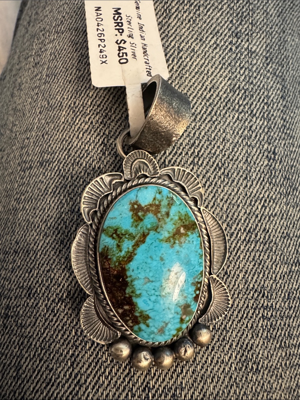 Native made /signed Sterling Silver Sonoran turquoise Oval Pendant
